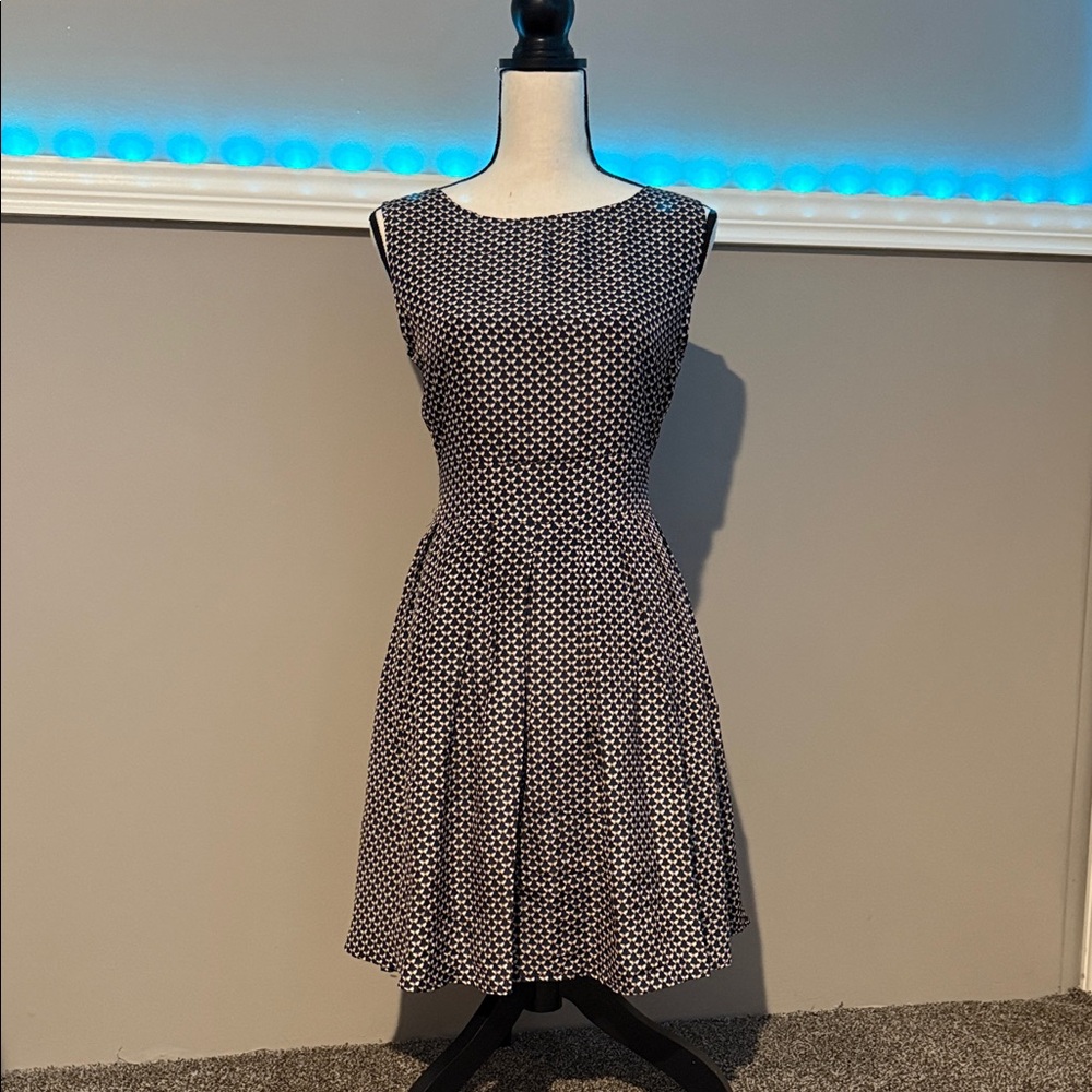 Elegant Navy Blue and White Tiny Butterfly Patterned Dress